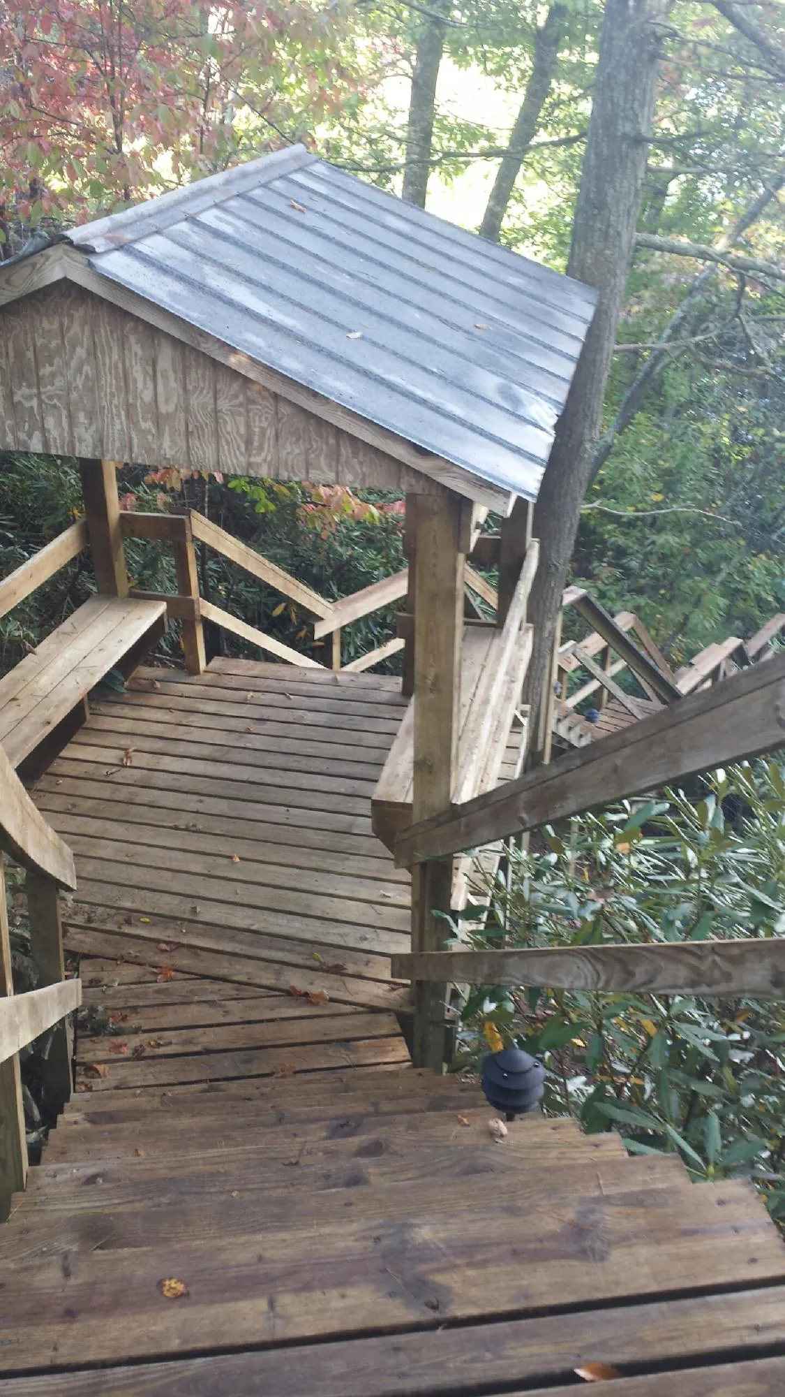 Metal roofed shelter over wooden steps on a wooded walkway — Skylight Repair & Installation work by our crew in Dimondale